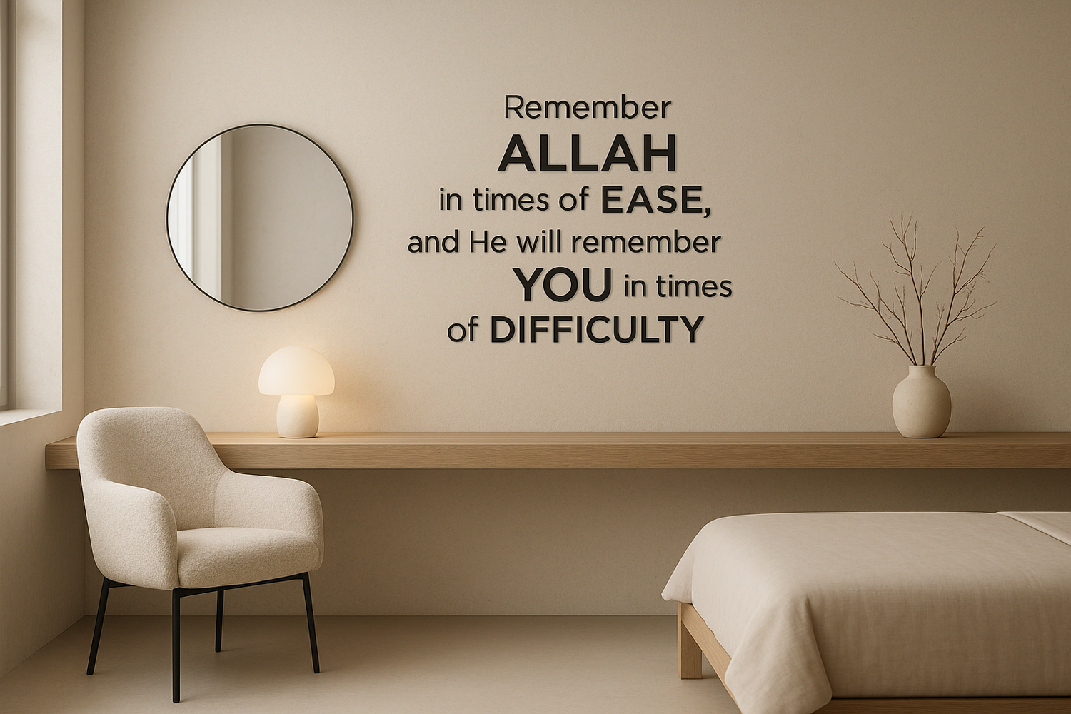 Minimalist beige bedroom with Islamic wall art vinyl quote: “Remember Allah in times of ease, and He will remember you in times of difficulty.” Modern Muslim home decor with armchair, bed, round mirror, and wooden shelf for peaceful interior.