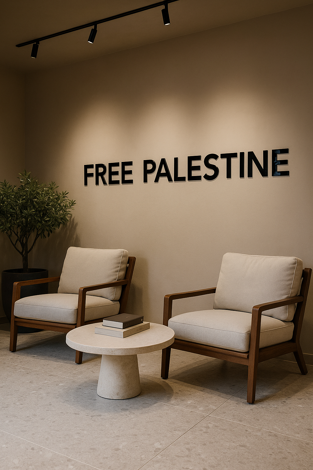 Modern minimalist interior with "Free Palestine" black vinyl wall decal, two neutral armchairs with wooden frames, round stone coffee table, potted indoor plant, and beige tiled flooring — perfect for contemporary pro-Palestinian home or office wall art.